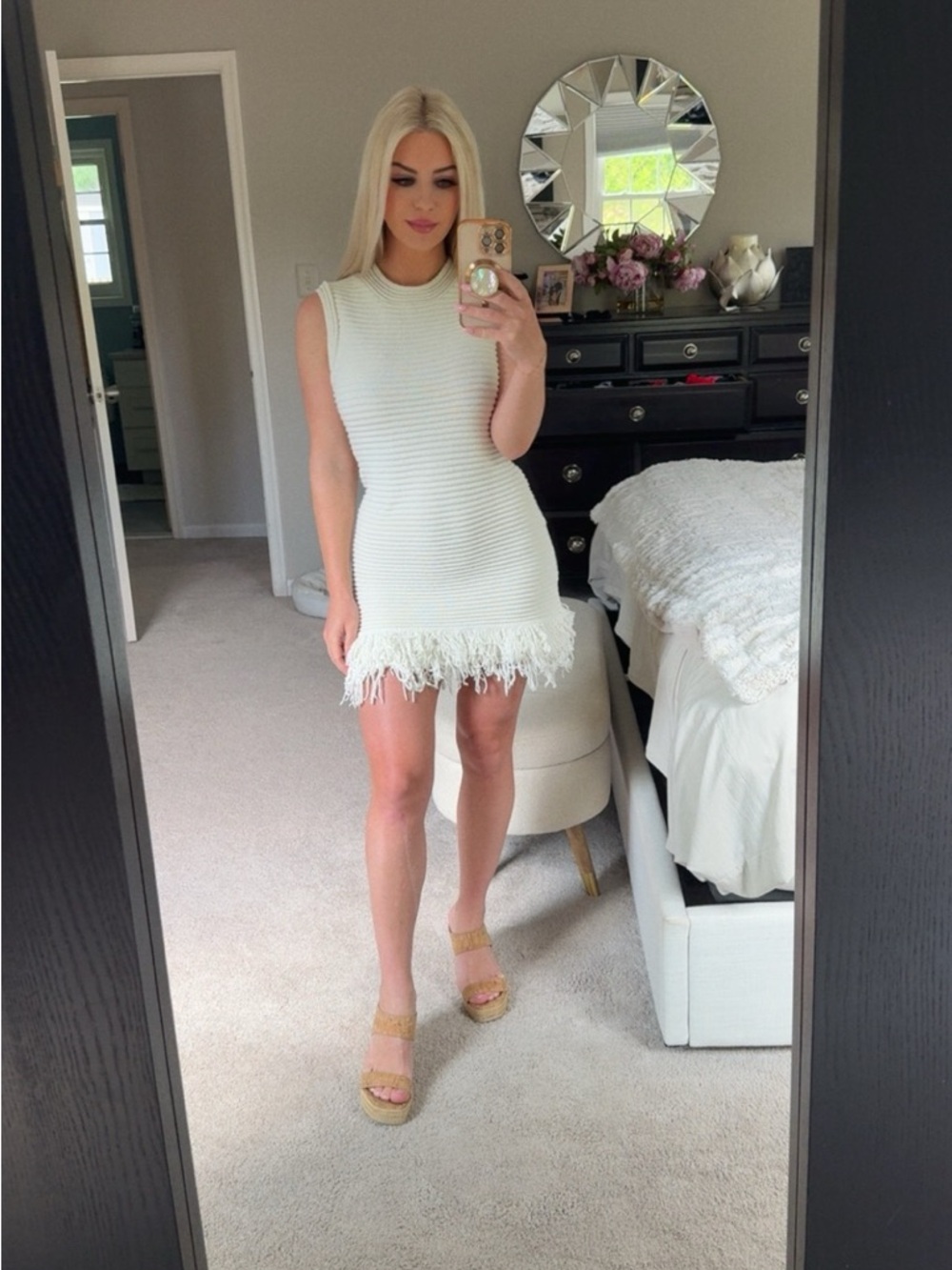 Zara Sleeveless White Fringe Hem Knit Mini Dress